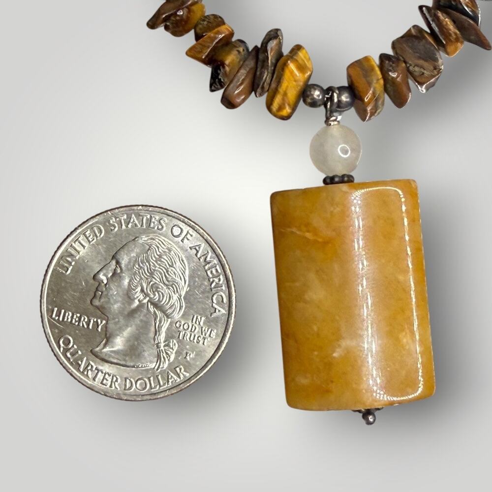 Vintage Tiger Eye Gemstone Chip Necklace Sterling Silver 925 Yellow Jade Pendant - Picture 11 of 13